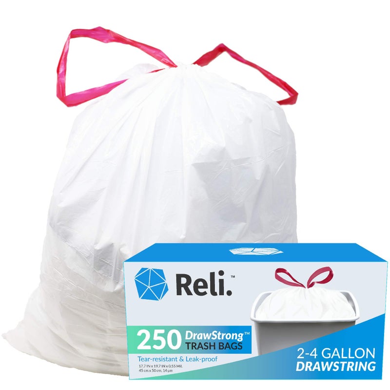 Reli. 2-4 Gallon Trash Bags Drawstring | 250 Count | 18"x 20" | Small Garbage Bags 4 Gallon - Drawstring Handles | White Trash Can Liners 2 Gal - 3Gal - 4Gal | Small Bin Liners, Office - Image 1
